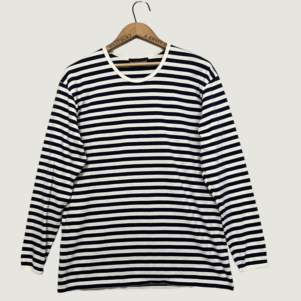 Marimekko Women Long Sleeve Striped T-Shirt Navy White Cotton Finland Size L